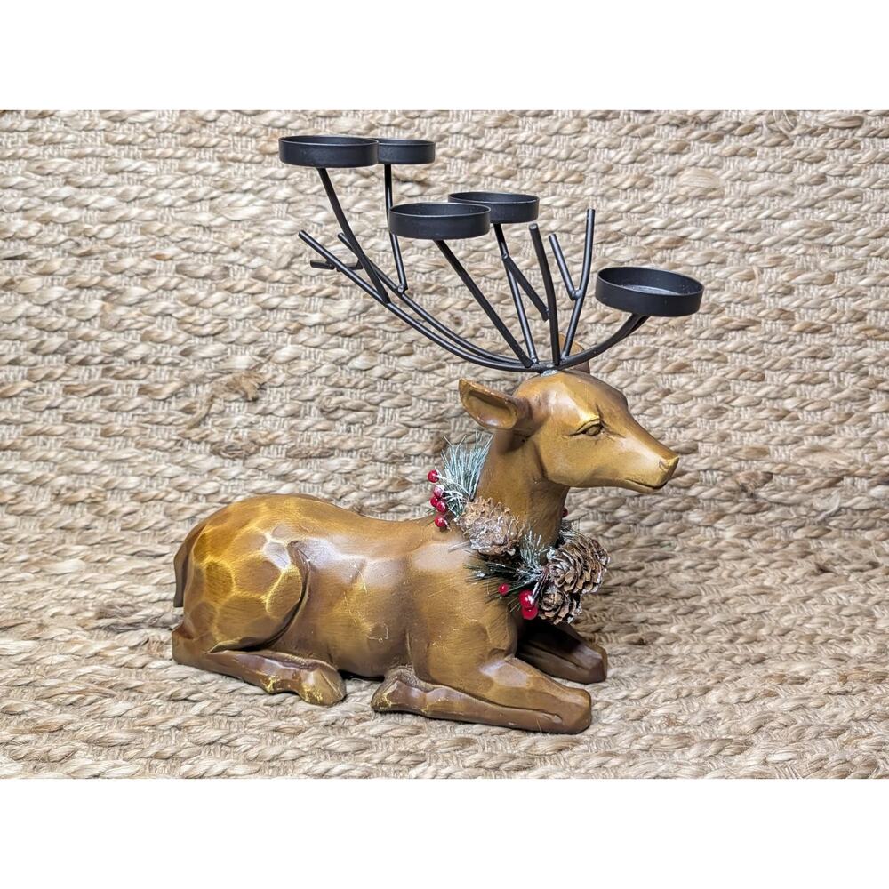 Rustic Tealight Candle Christmas Reindeer Metal Antlers 10.5" Holiday Decor